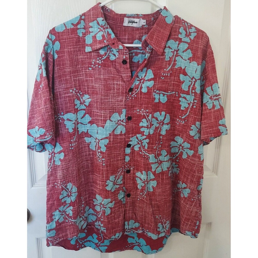 Vatpave Shirt Mens 3XL Red Floral Short Sleeve Button Up Hawaiian Aloha
